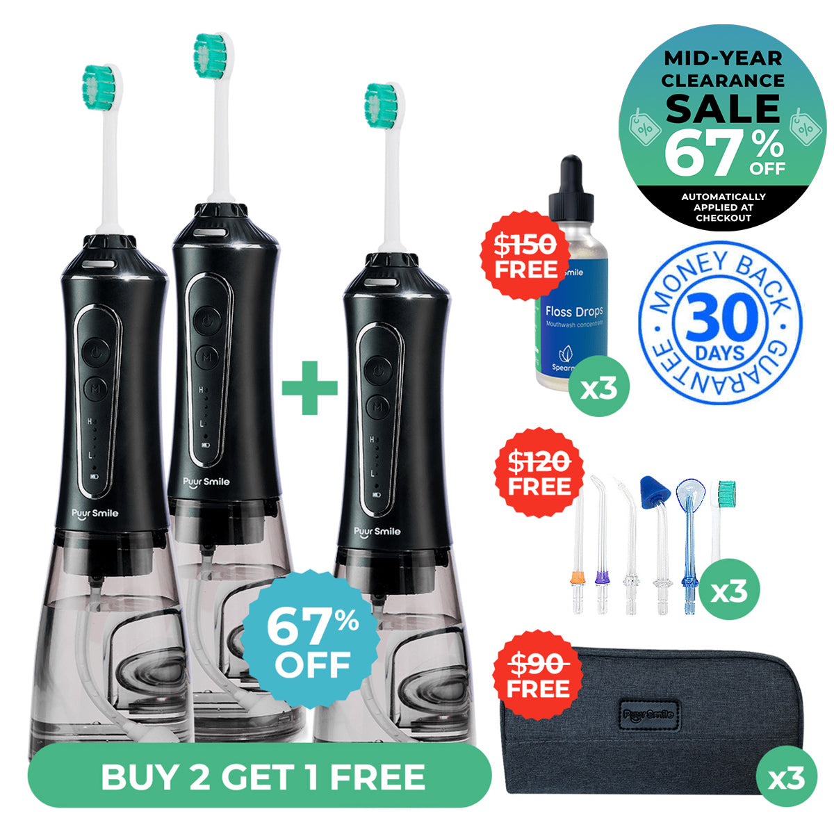 PUURSMILE WATER FLOSSER - 50% OFF MID-YEAR CLEARANCE SALE + 3 FREE GIFTS (WORTH $120)